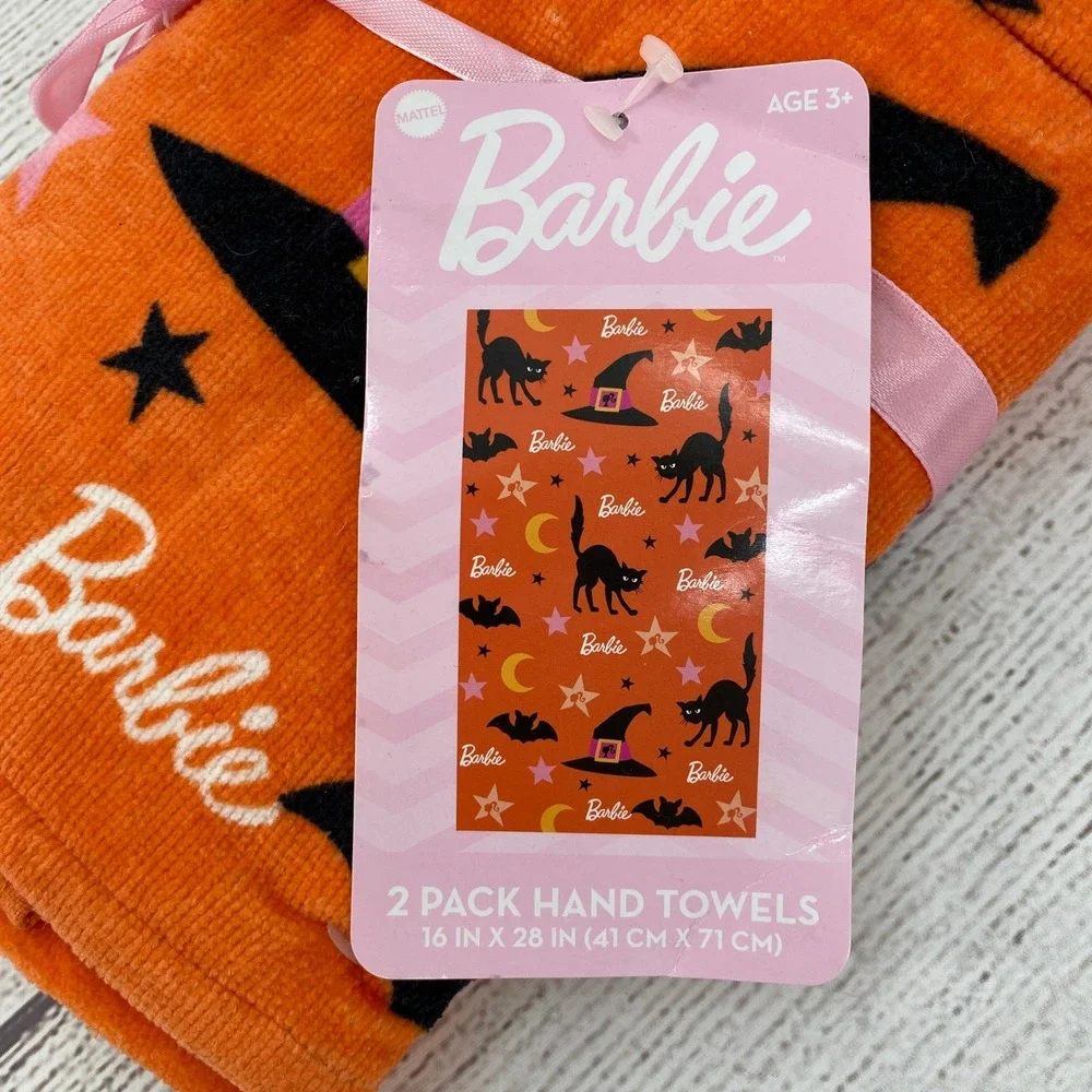 Barbie Hand Towels (2 Pk) Orange Halloween Black Cat Witch Hat Barbiecore Spooky